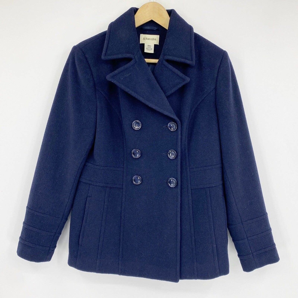 St. John's Bay Double Breasted Pea Coat Wool Cashmere Navy Blue Sz S